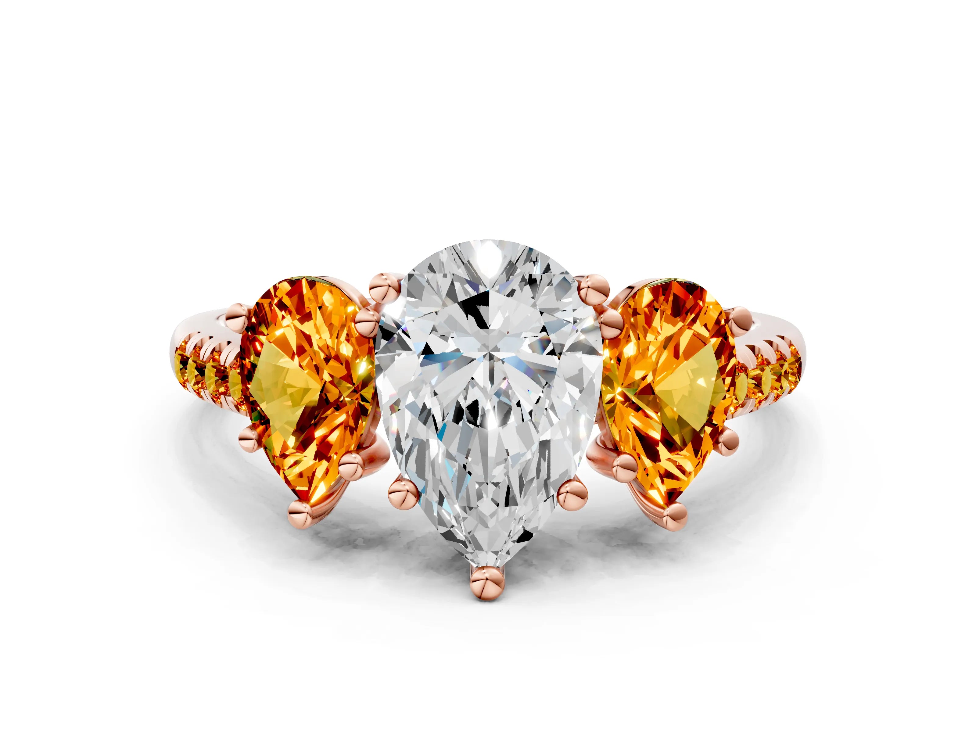 Rose gold Three-Stone Pear Cut Diamond Ring with Round with Citrine side stone Pavé Band and Prong Setting