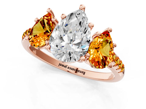 Rose gold Three-Stone Pear Cut Diamond Ring with Round with Citrine side stone Pavé Band and Prong Setting_1