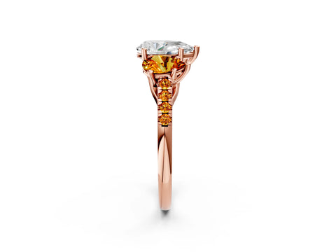 Rose gold Three-Stone Pear Cut Diamond Ring with Round with Citrine side stone Pavé Band and Prong Setting_2