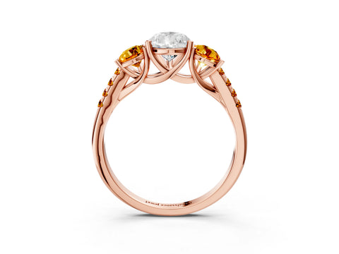 Rose gold Three-Stone Pear Cut Diamond Ring with Round with Citrine side stone Pavé Band and Prong Setting_3