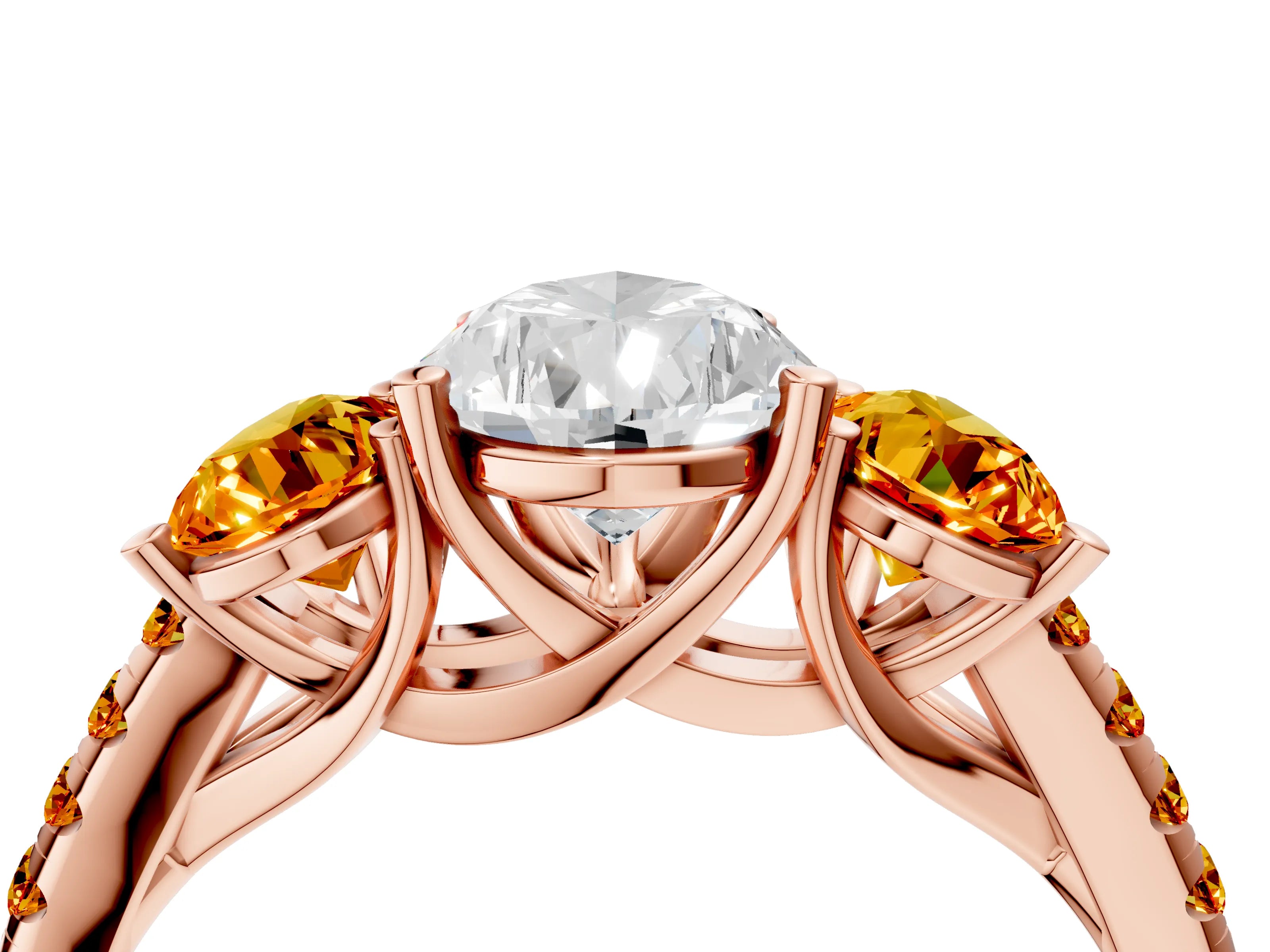Rose gold Three-Stone Pear Cut Diamond Ring with Round with Citrine side stone Pavé Band and Prong Setting_4
