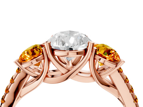 Rose gold Three-Stone Pear Cut Diamond Ring with Round with Citrine side stone Pavé Band and Prong Setting_4