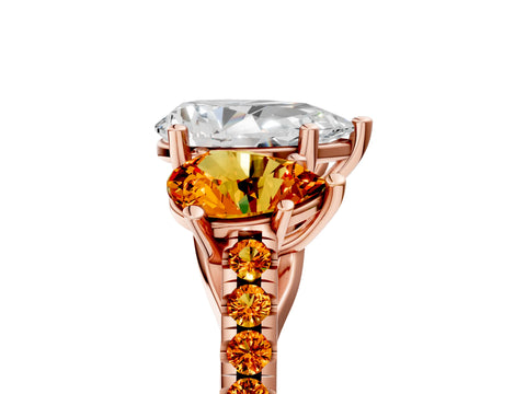 Rose gold Three-Stone Pear Cut Diamond Ring with Round with Citrine side stone Pavé Band and Prong Setting_5