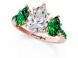Rose gold Three-Stone Pear Cut Diamond Ring with Round with Emerald side stone Pavé Band and Prong Setting_1