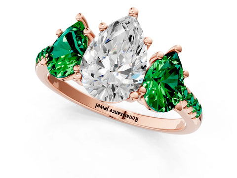 Rose gold Three-Stone Pear Cut Diamond Ring with Round with Emerald side stone Pavé Band and Prong Setting_1