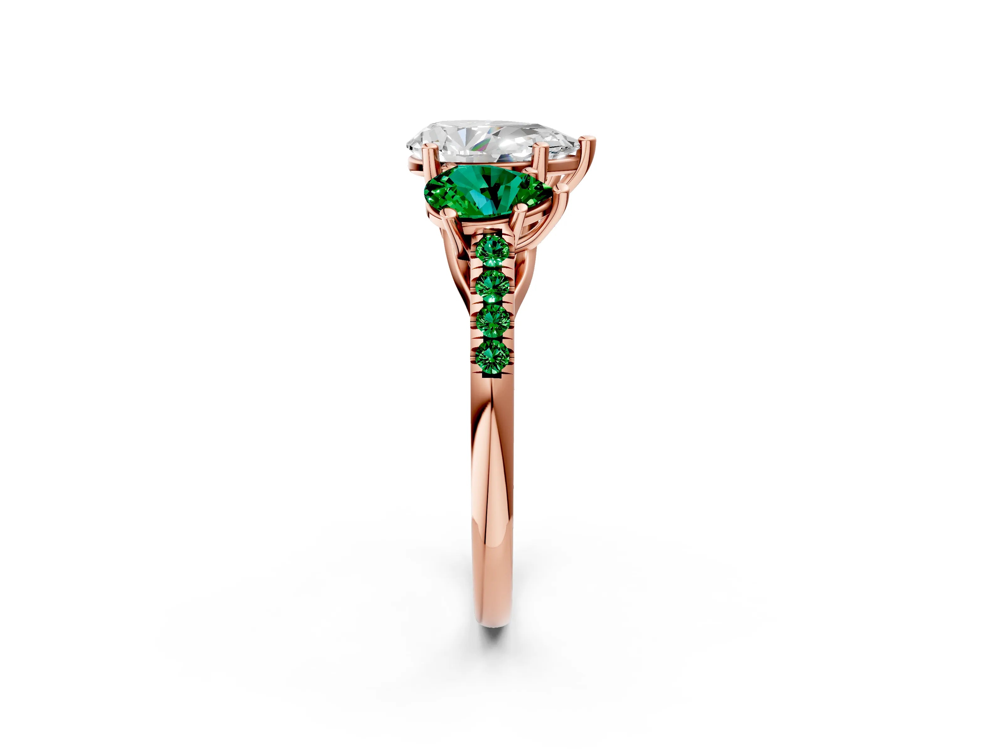 Rose gold Three-Stone Pear Cut Diamond Ring with Round with Emerald side stone Pavé Band and Prong Setting_2