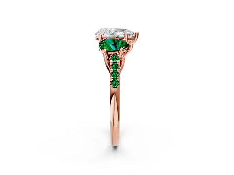 Rose gold Three-Stone Pear Cut Diamond Ring with Round with Emerald side stone Pavé Band and Prong Setting_2