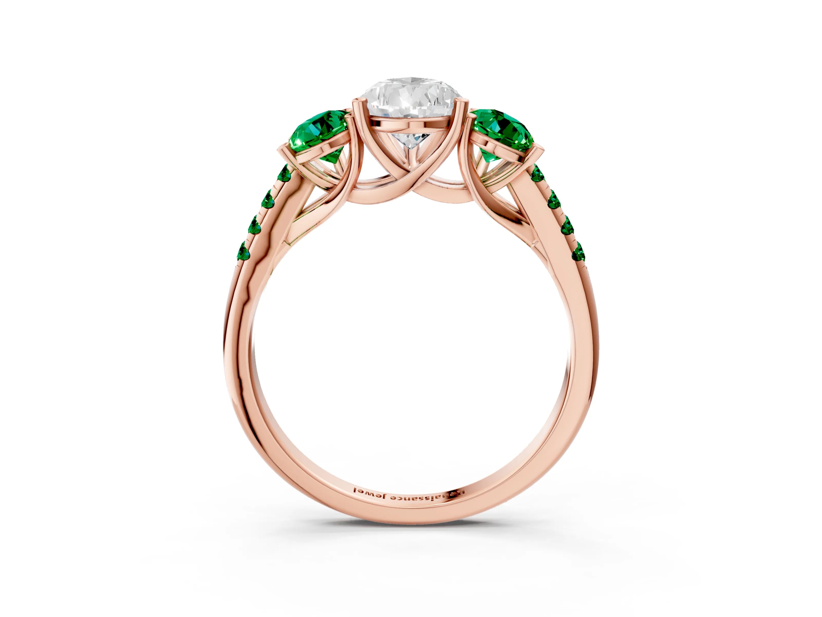 Rose gold Three-Stone Pear Cut Diamond Ring with Round with Emerald side stone Pavé Band and Prong Setting_3