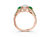 Rose gold Three-Stone Pear Cut Diamond Ring with Round with Emerald side stone Pavé Band and Prong Setting_3