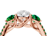Rose gold Three-Stone Pear Cut Diamond Ring with Round with Emerald side stone Pavé Band and Prong Setting_4