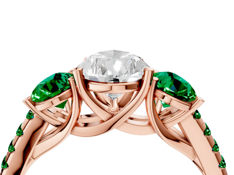 Rose gold Three-Stone Pear Cut Diamond Ring with Round with Emerald side stone Pavé Band and Prong Setting_4