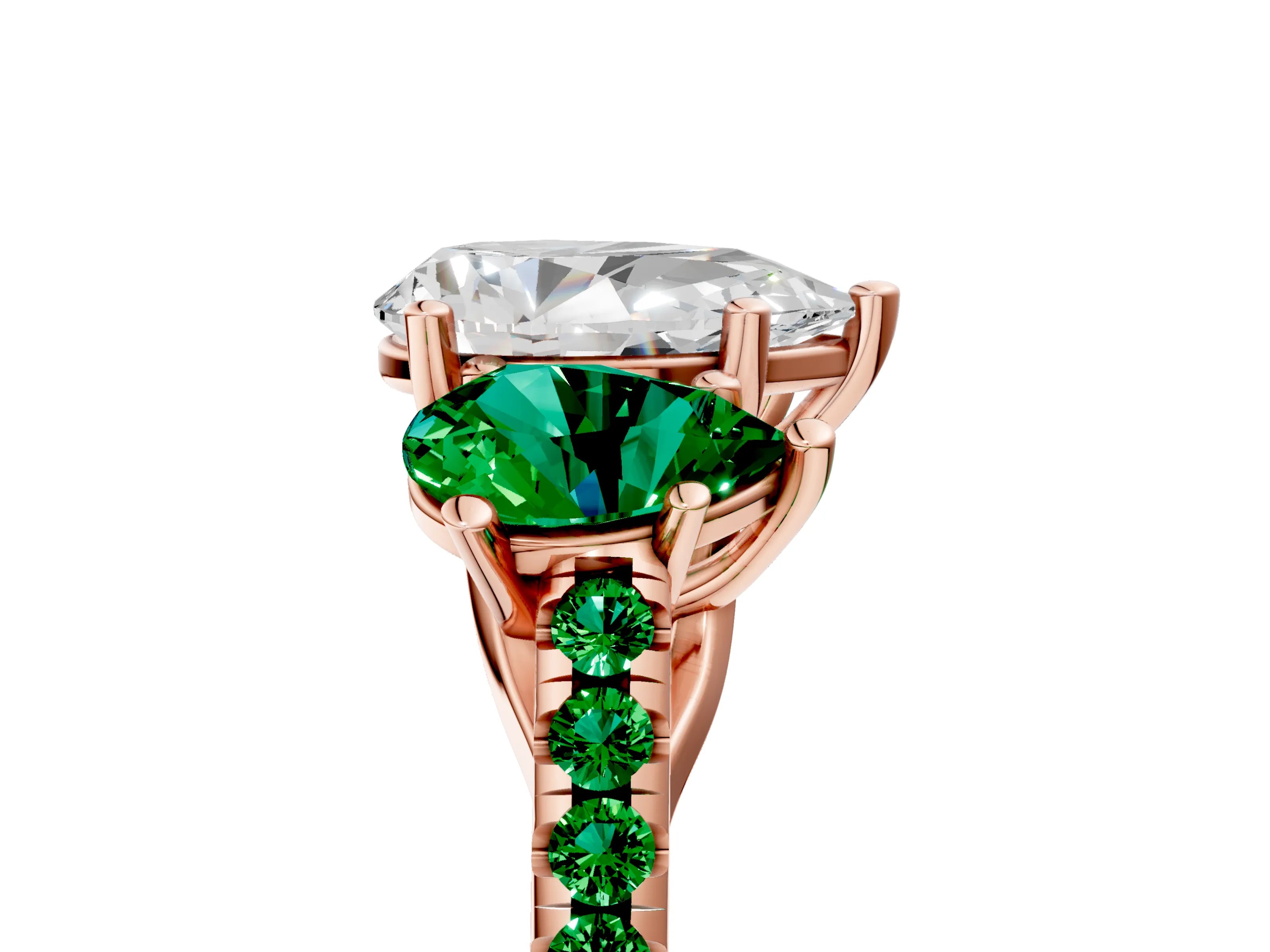 Rose gold Three-Stone Pear Cut Diamond Ring with Round with Emerald side stone Pavé Band and Prong Setting_5