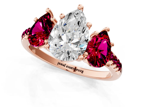 Rose gold Three-Stone Pear Cut Diamond Ring with Round with Garnet side stone Pavé Band and Prong Setting_1