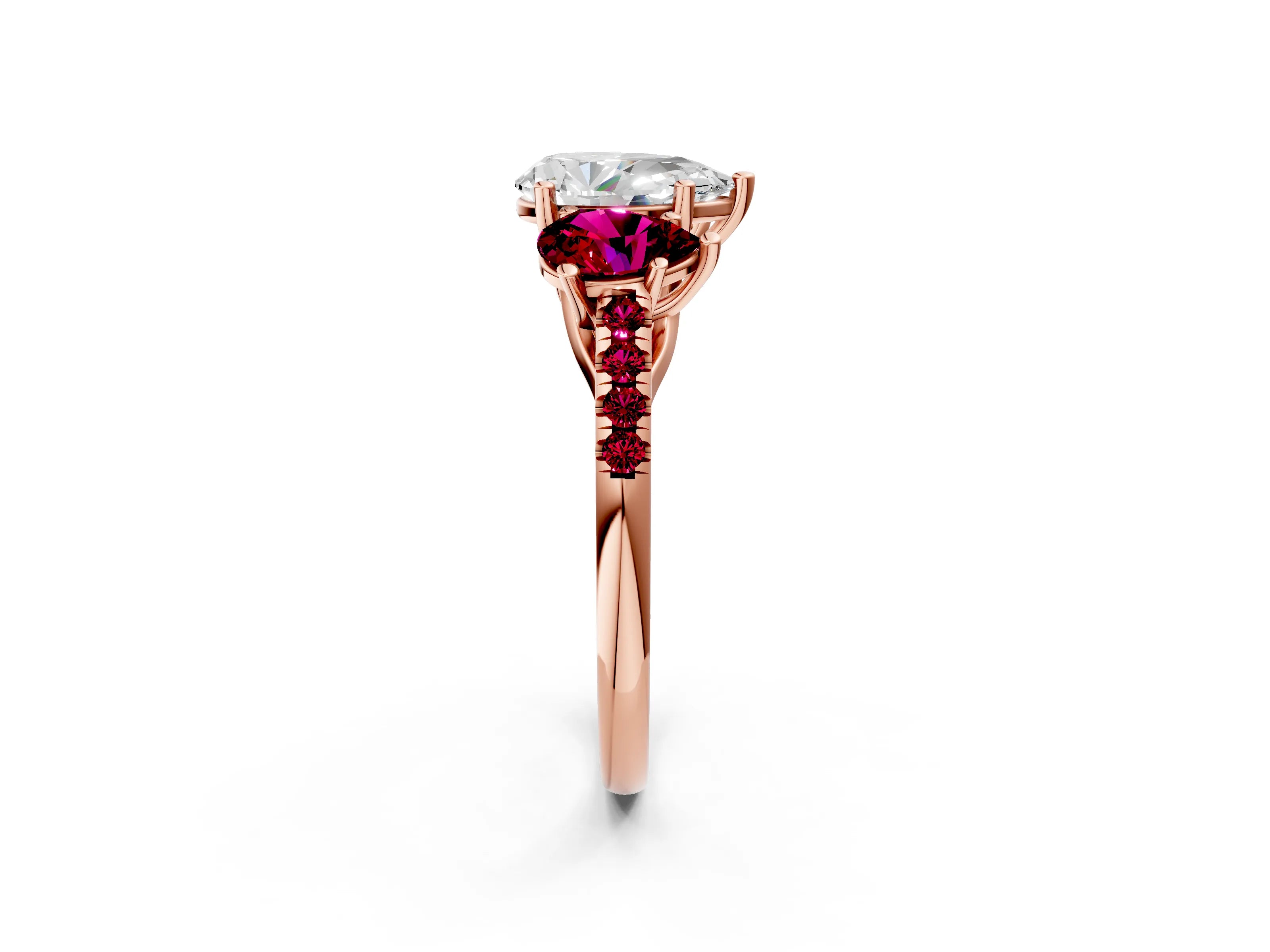 Rose gold Three-Stone Pear Cut Diamond Ring with Round with Garnet side stone Pavé Band and Prong Setting_2
