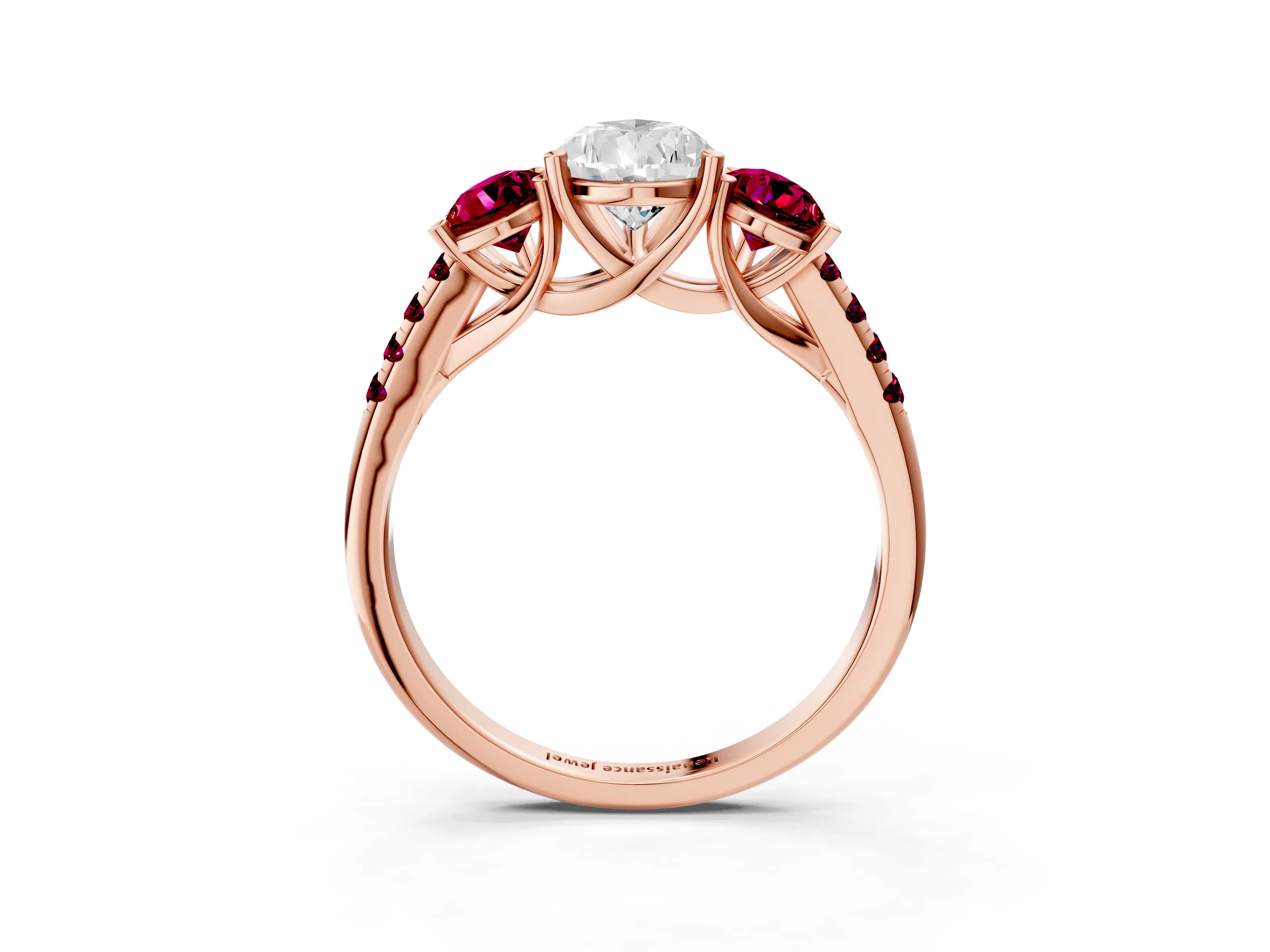 Rose gold Three-Stone Pear Cut Diamond Ring with Round with Garnet side stone Pavé Band and Prong Setting_3