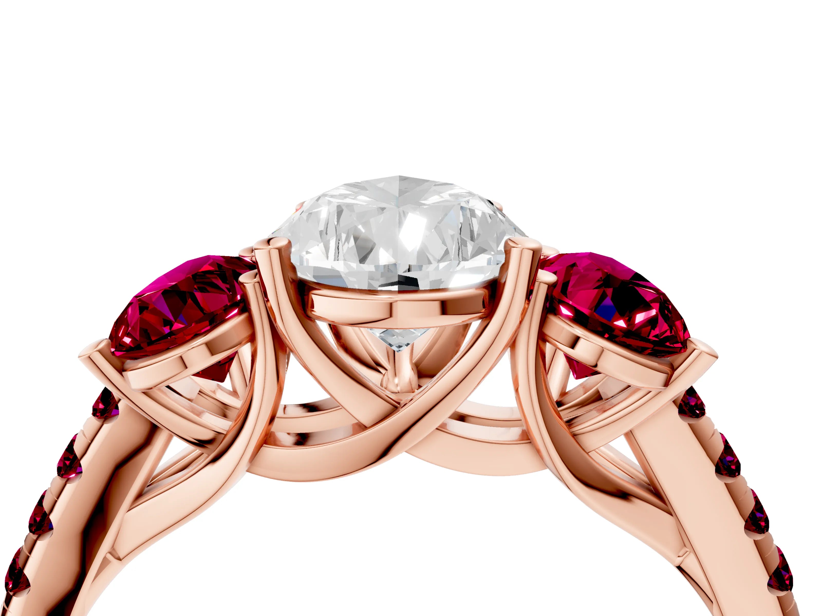 Rose gold Three-Stone Pear Cut Diamond Ring with Round with Garnet side stone Pavé Band and Prong Setting_4
