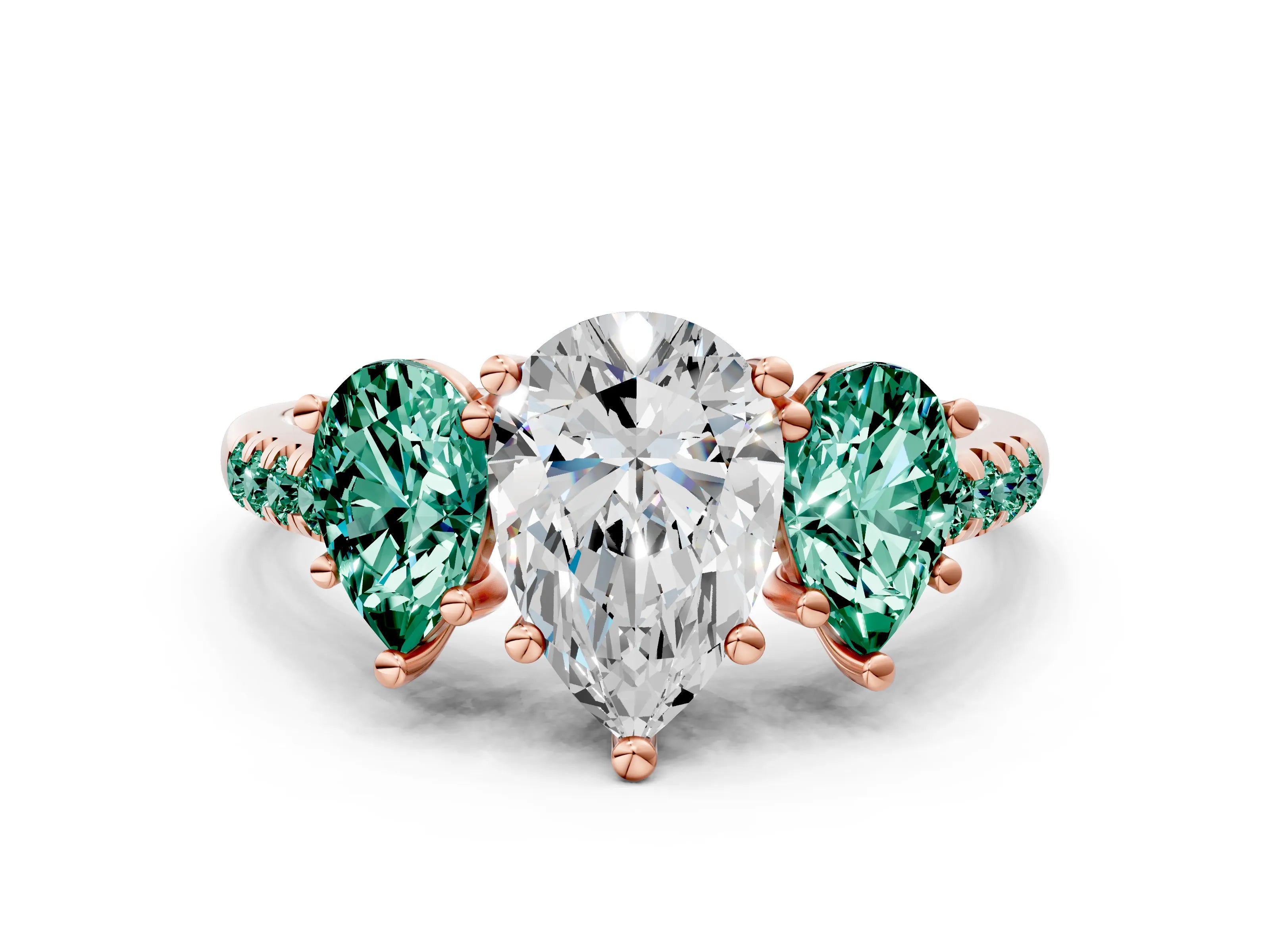 Rose gold Three-Stone Pear Cut Diamond Ring with Round with Green Sapphire side stone Pavé Band and Prong Setting