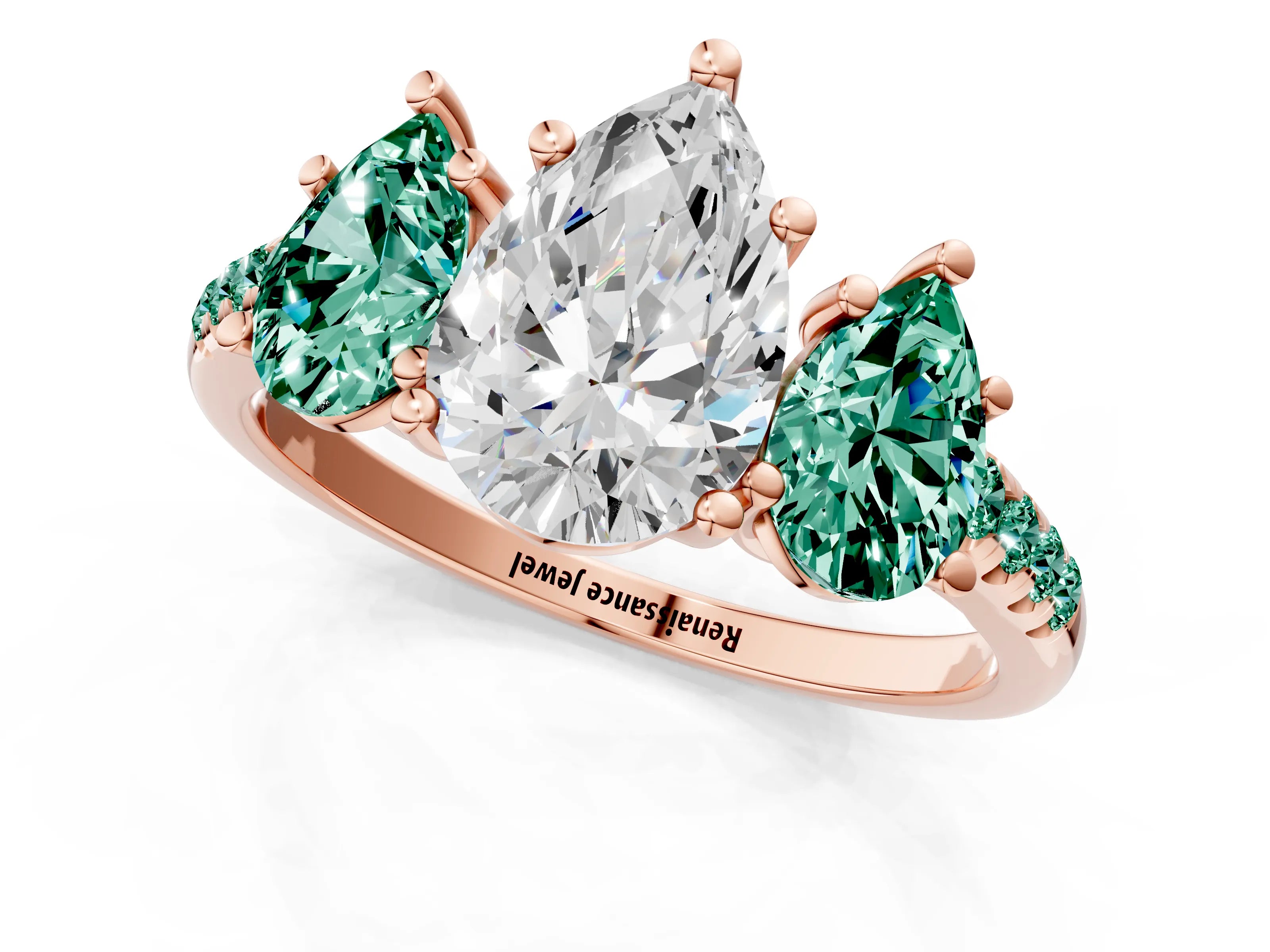 Rose gold Three-Stone Pear Cut Diamond Ring with Round with Green Sapphire side stone Pavé Band and Prong Setting_1