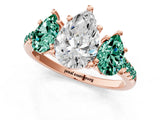Rose gold Three-Stone Pear Cut Diamond Ring with Round with Green Sapphire side stone Pavé Band and Prong Setting_1