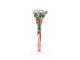 Rose gold Three-Stone Pear Cut Diamond Ring with Round with Green Sapphire side stone Pavé Band and Prong Setting_2