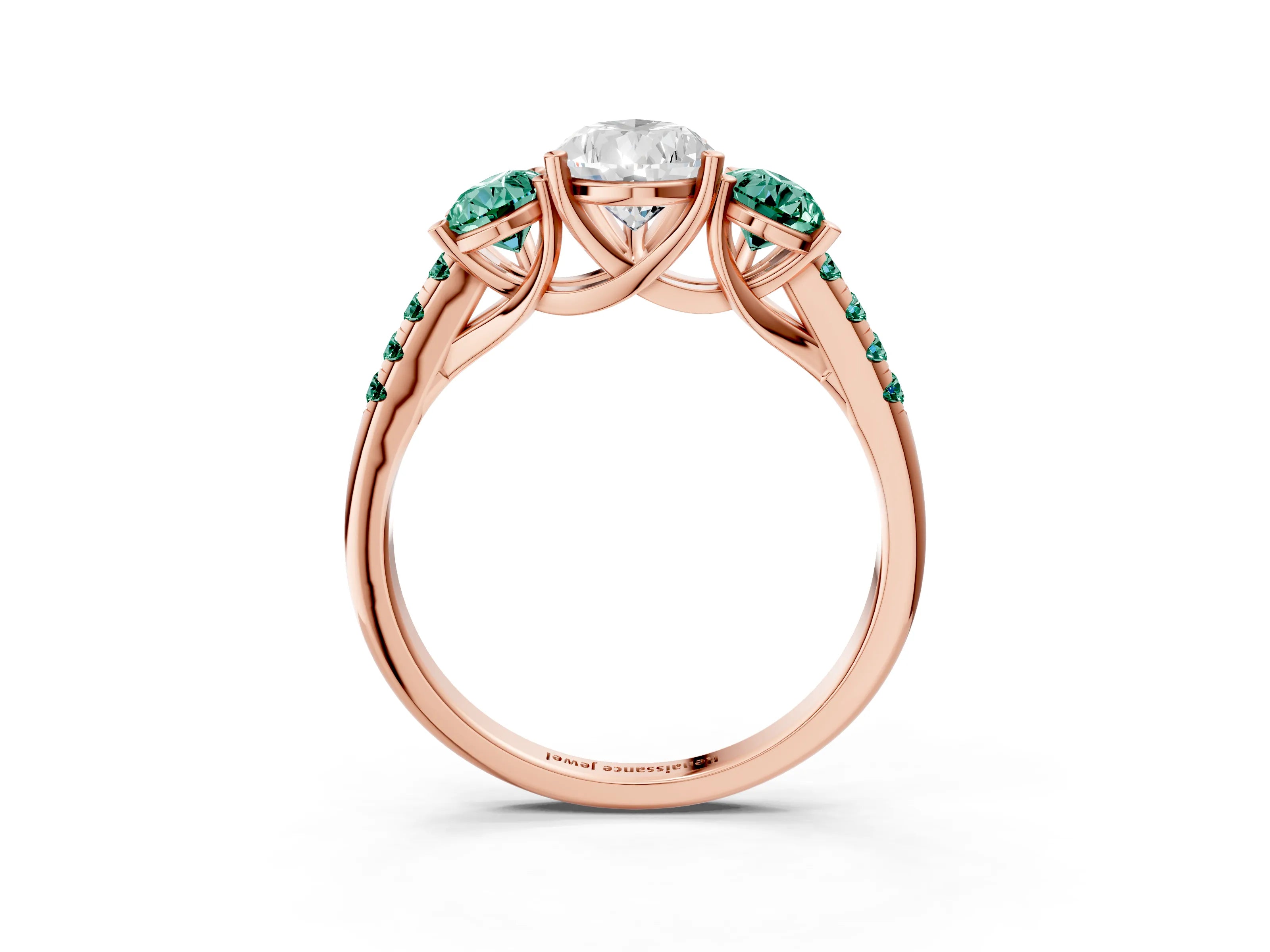 Rose gold Three-Stone Pear Cut Diamond Ring with Round with Green Sapphire side stone Pavé Band and Prong Setting_3