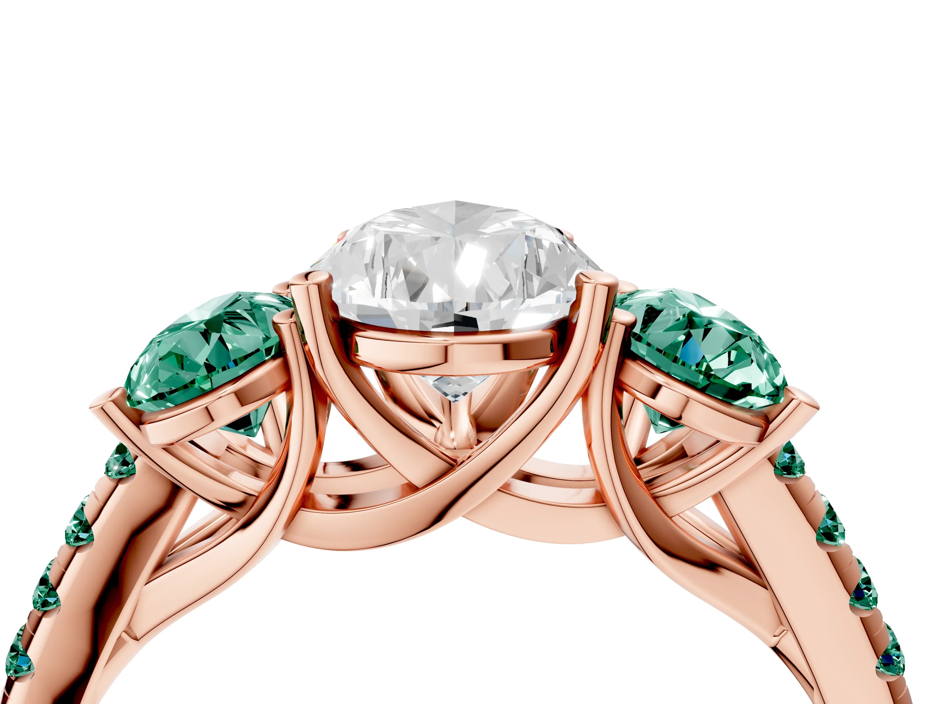 Rose gold Three-Stone Pear Cut Diamond Ring with Round with Green Sapphire side stone Pavé Band and Prong Setting_4