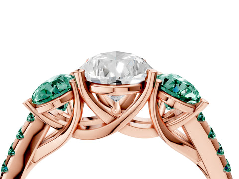 Rose gold Three-Stone Pear Cut Diamond Ring with Round with Green Sapphire side stone Pavé Band and Prong Setting_4