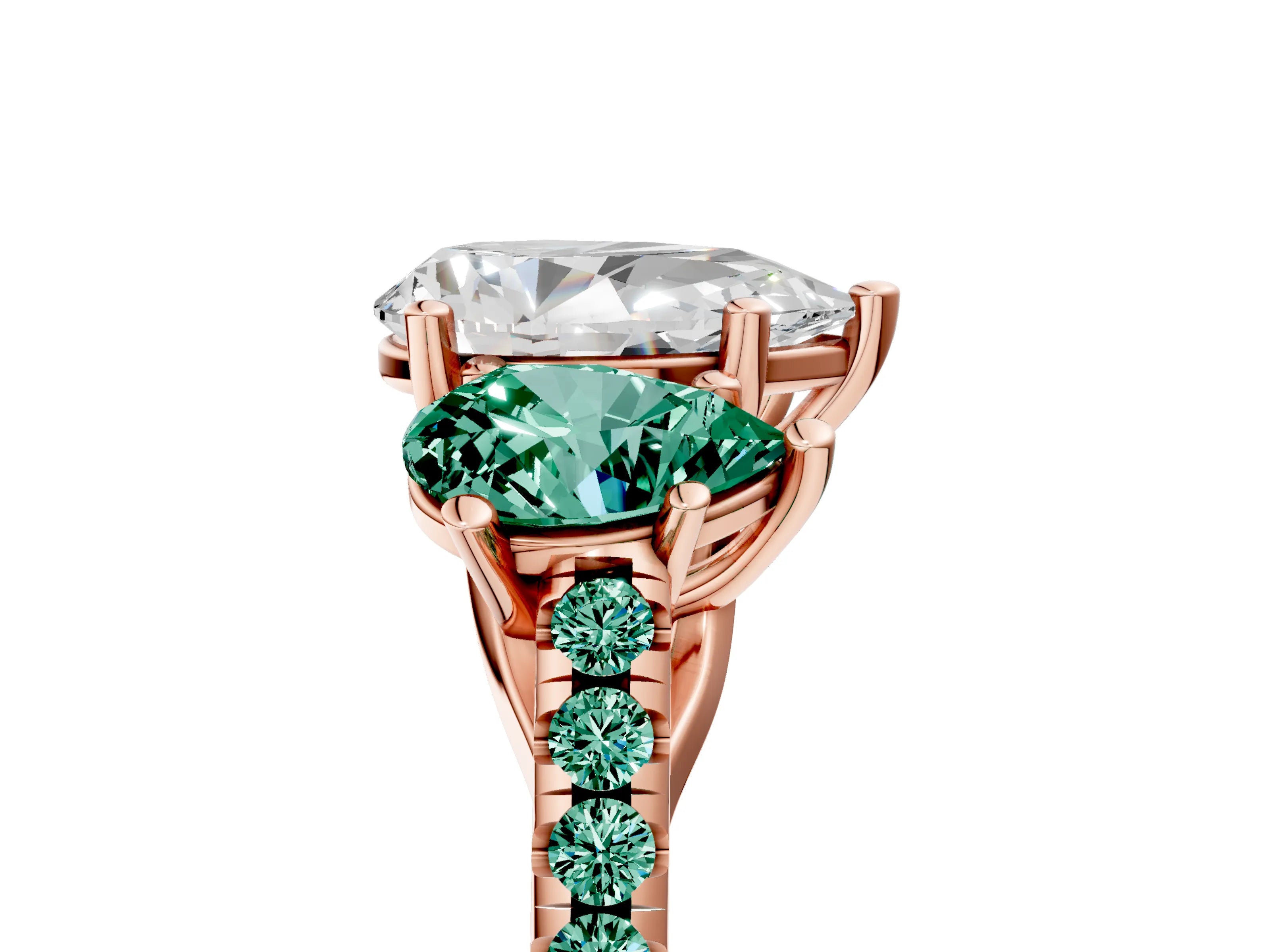 Rose gold Three-Stone Pear Cut Diamond Ring with Round with Green Sapphire side stone Pavé Band and Prong Setting_5