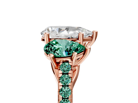 Rose gold Three-Stone Pear Cut Diamond Ring with Round with Green Sapphire side stone Pavé Band and Prong Setting_5