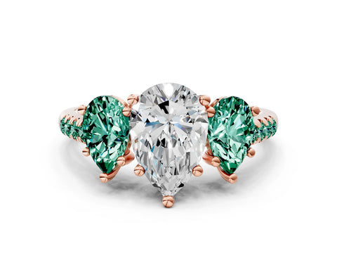 Rose gold Three-Stone Pear Cut Diamond Ring with Round with Green Sapphire side stone Pavé Band and Prong Setting