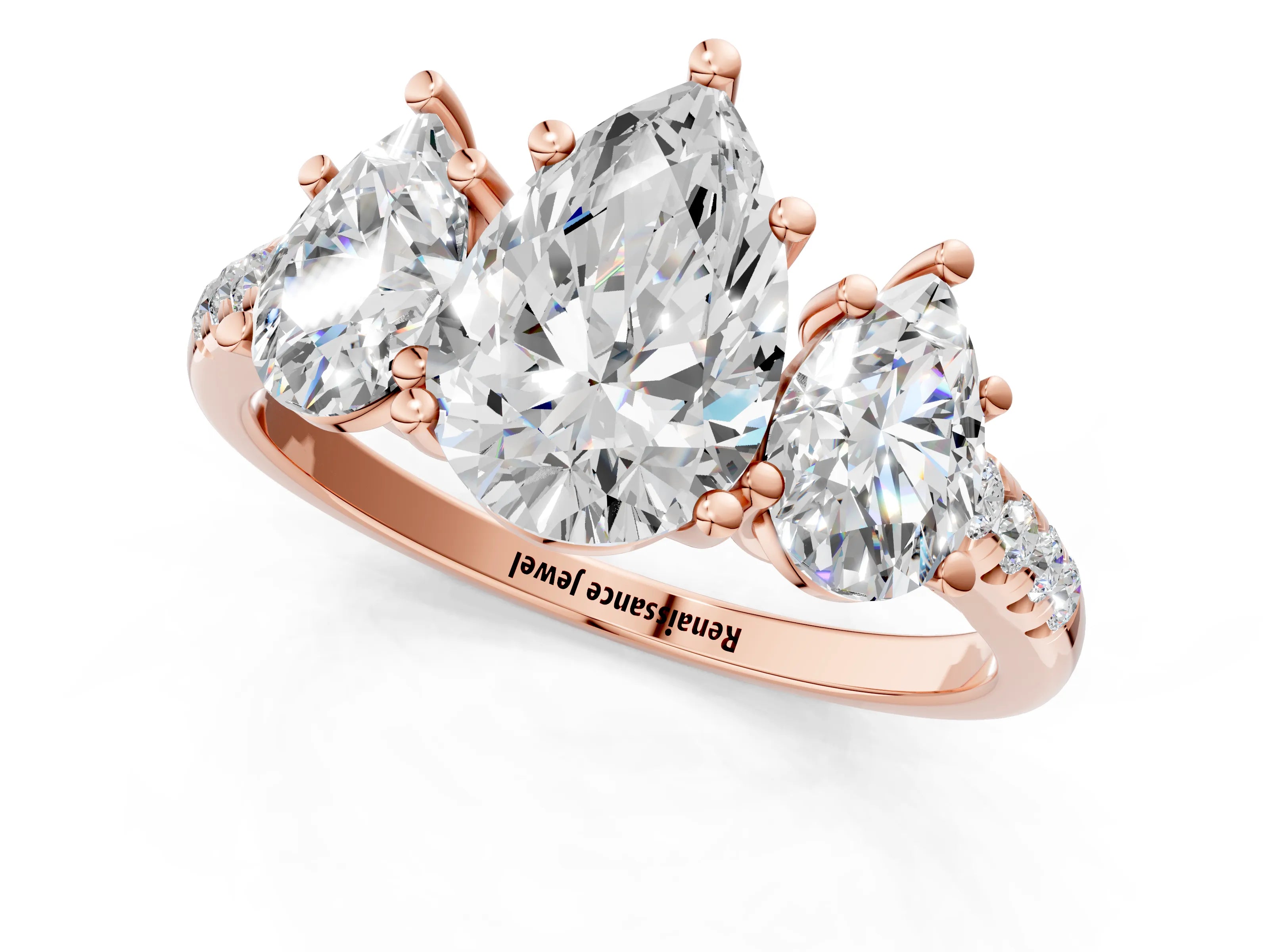 Rose gold Three-Stone Pear Cut Diamond Ring with Round with Moissanite side stone Pavé Band and Prong Setting_1