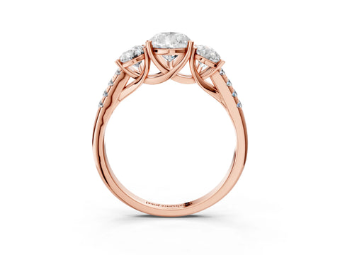 Rose gold Three-Stone Pear Cut Diamond Ring with Round with Moissanite side stone Pavé Band and Prong Setting_3