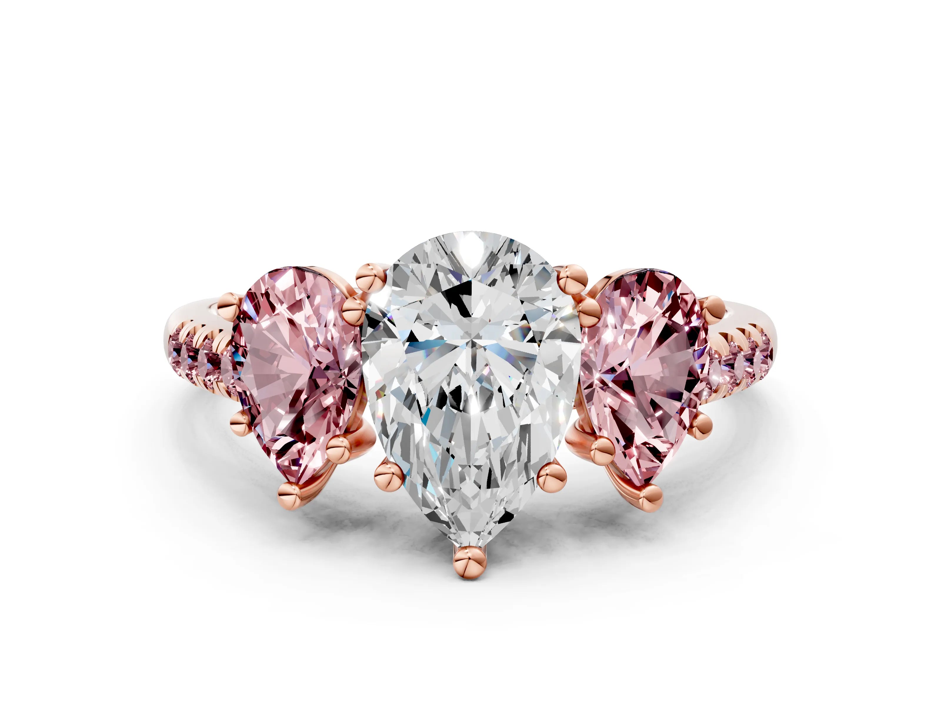 Rose gold Three-Stone Pear Cut Diamond Ring with Round with Morganite side stone Pavé Band and Prong Setting