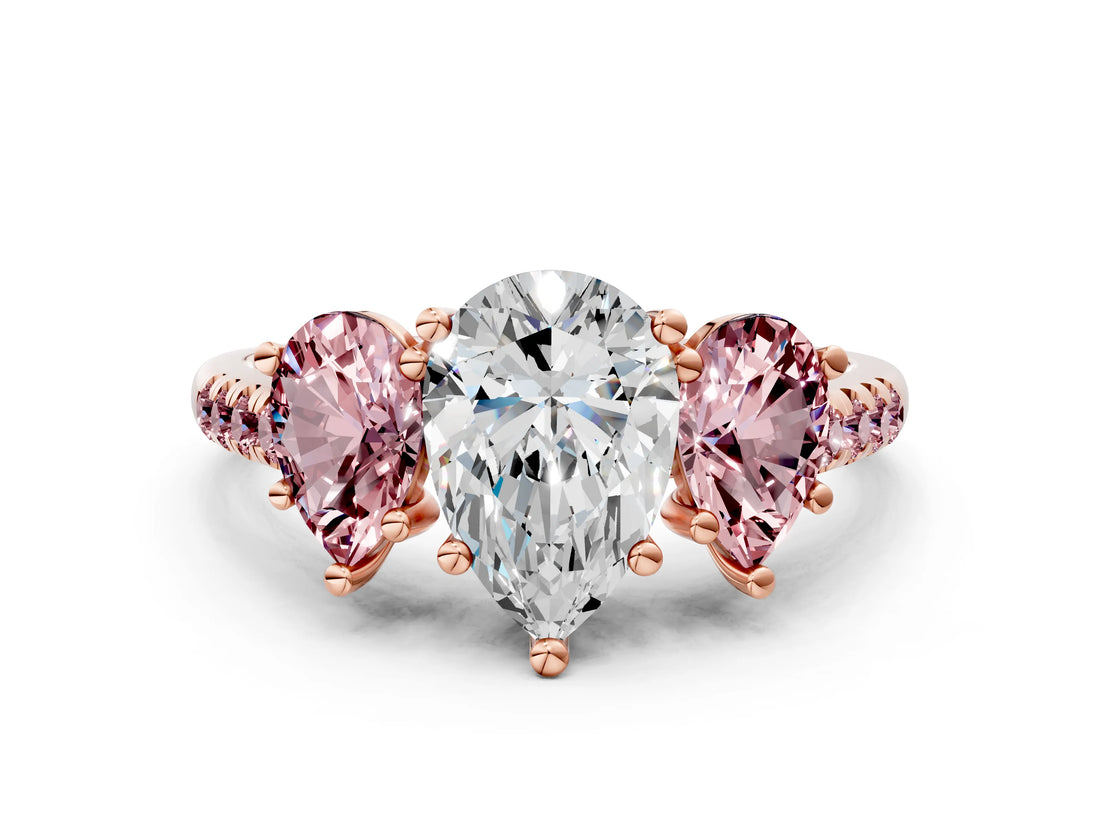 Rose gold Three-Stone Pear Cut Diamond Ring with Round with Morganite side stone Pavé Band and Prong Setting
