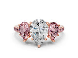 Rose gold Three-Stone Pear Cut Diamond Ring with Round with Morganite side stone Pavé Band and Prong Setting