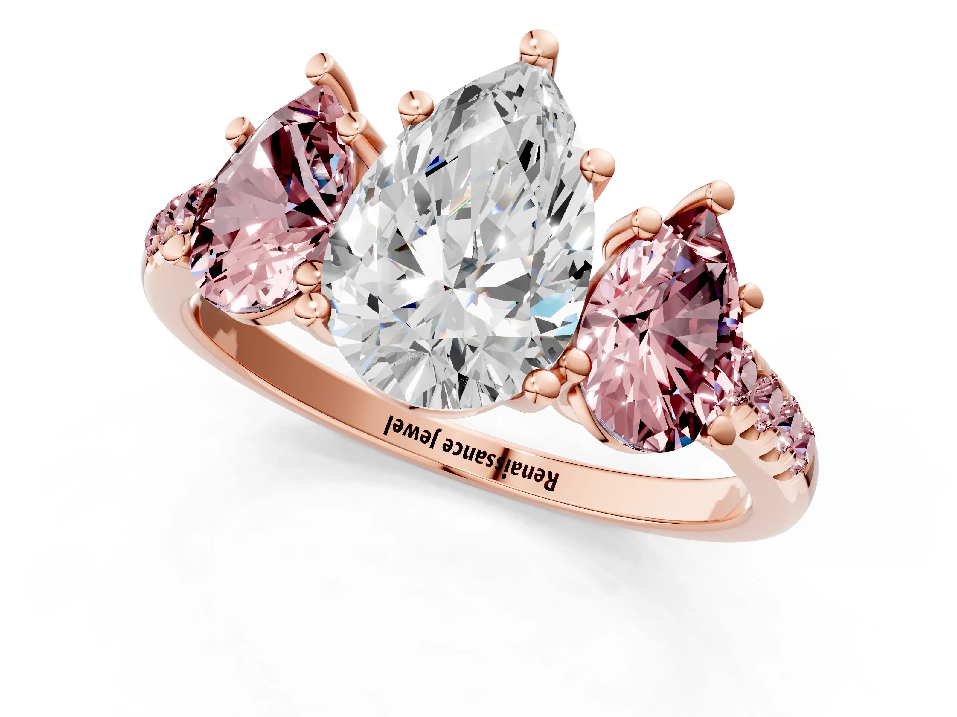 Rose gold Three-Stone Pear Cut Diamond Ring with Round with Morganite side stone Pavé Band and Prong Setting_1