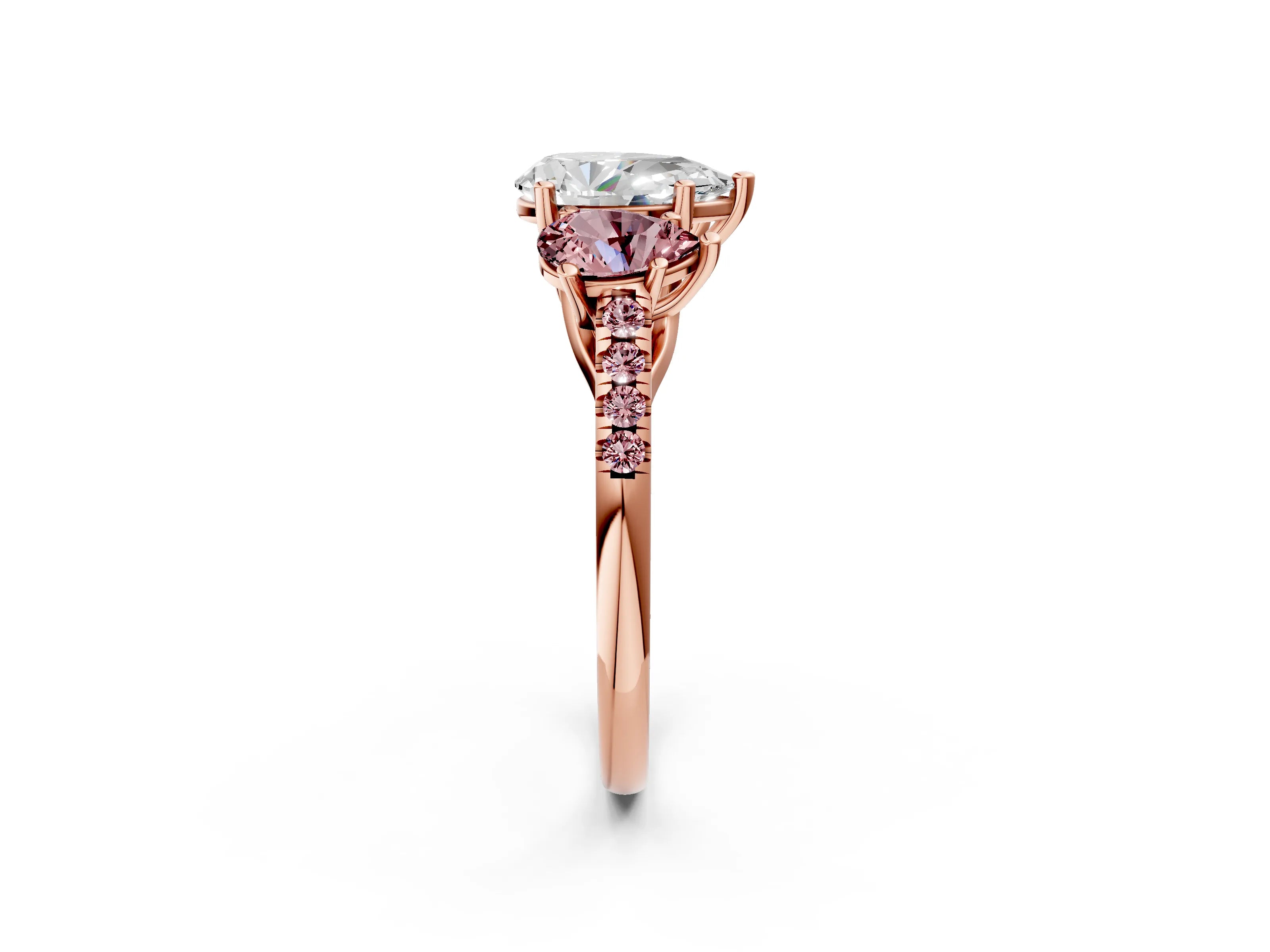 Rose gold Three-Stone Pear Cut Diamond Ring with Round with Morganite side stone Pavé Band and Prong Setting_2