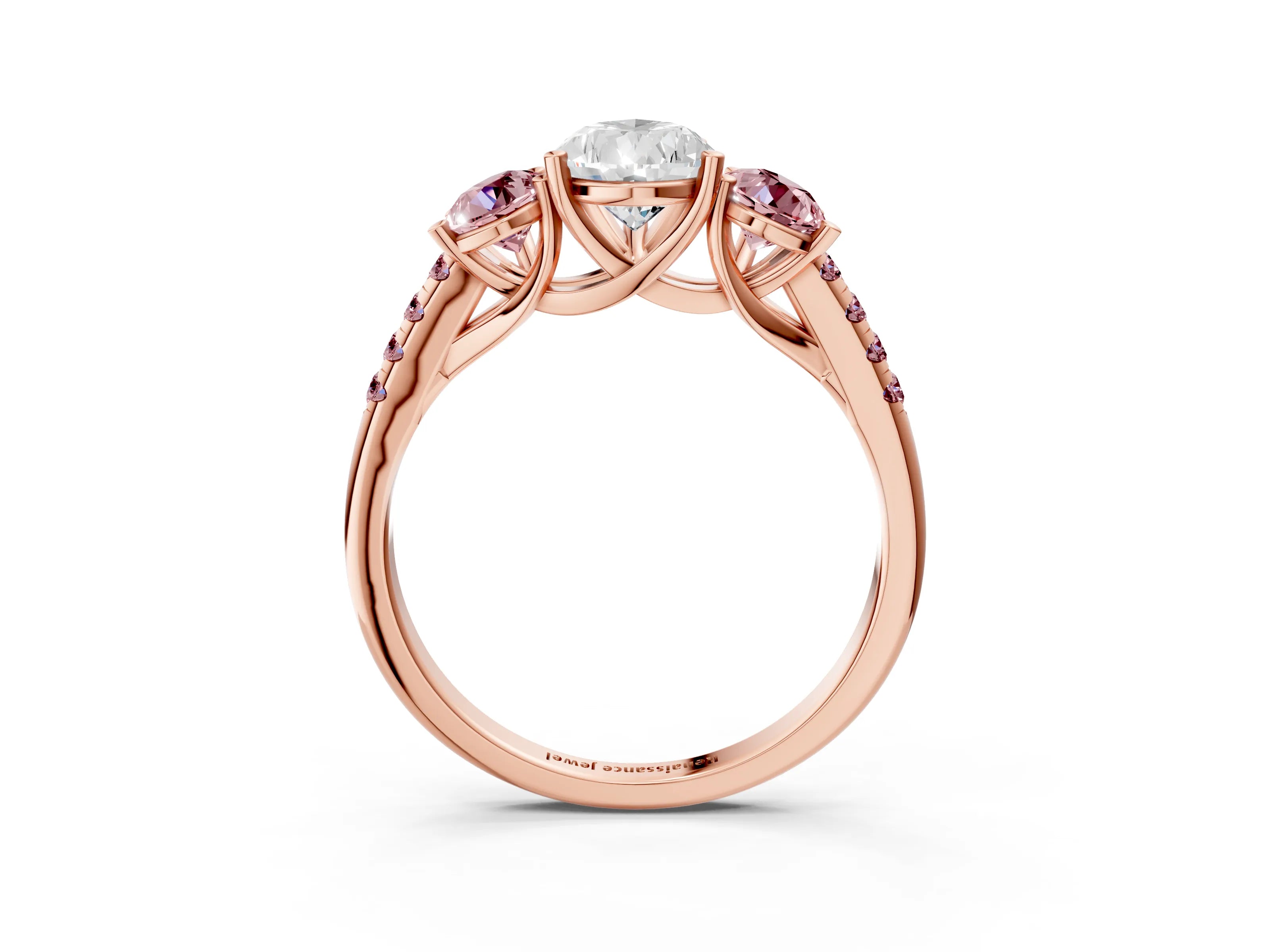 Rose gold Three-Stone Pear Cut Diamond Ring with Round with Morganite side stone Pavé Band and Prong Setting_3