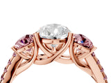 Rose gold Three-Stone Pear Cut Diamond Ring with Round with Morganite side stone Pavé Band and Prong Setting_4