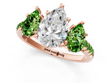 Rose gold Three-Stone Pear Cut Diamond Ring with Round with Peridot side stone Pavé Band and Prong Setting_1