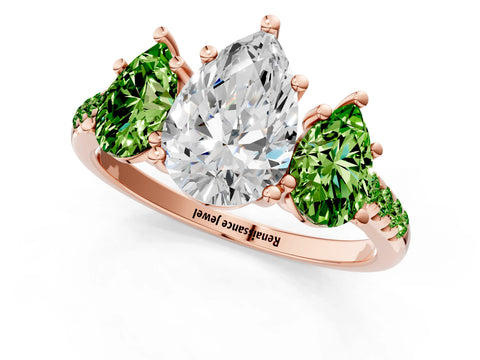 Rose gold Three-Stone Pear Cut Diamond Ring with Round with Peridot side stone Pavé Band and Prong Setting_1