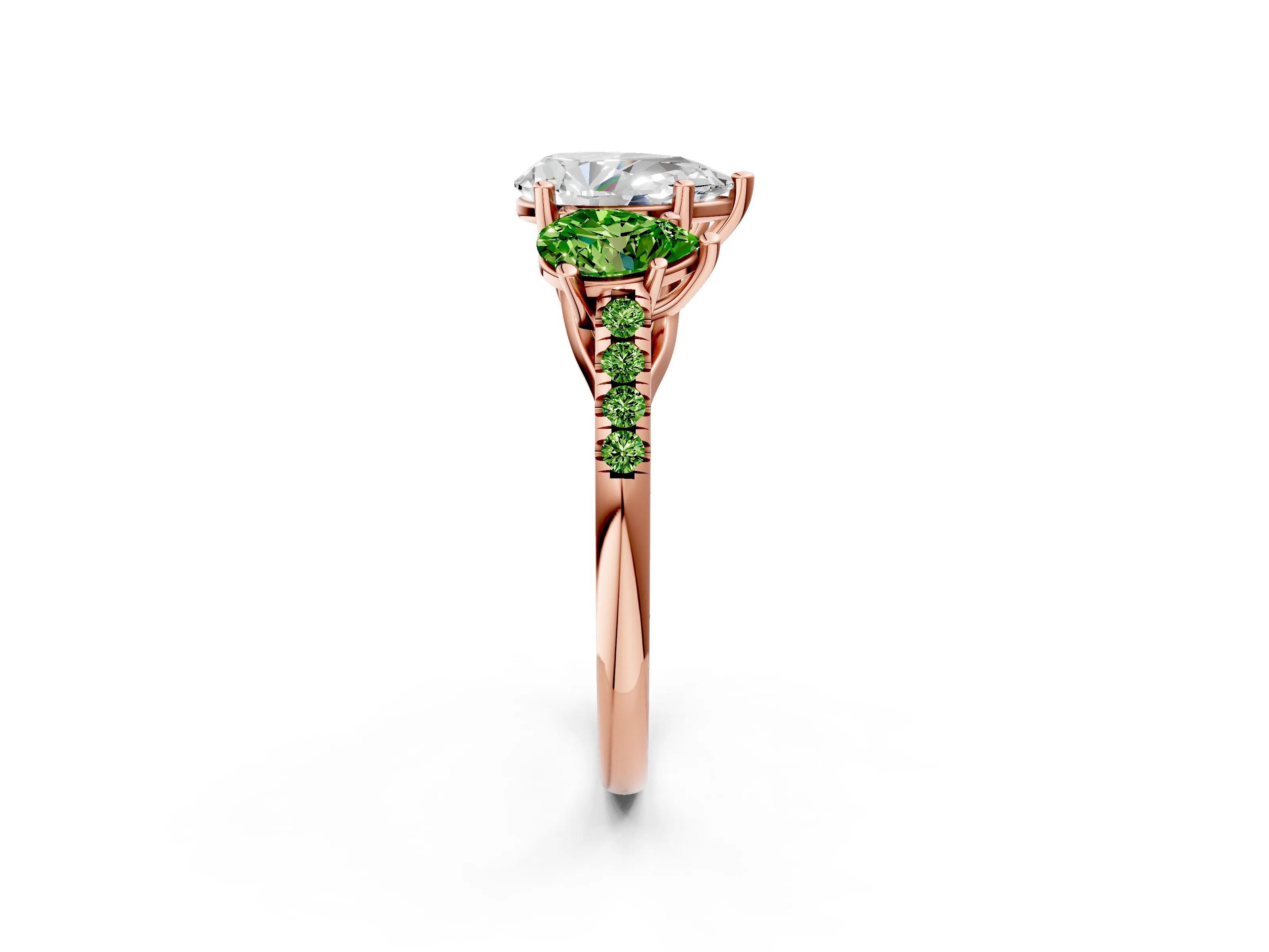 Rose gold Three-Stone Pear Cut Diamond Ring with Round with Peridot side stone Pavé Band and Prong Setting_2