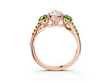 Rose gold Three-Stone Pear Cut Diamond Ring with Round with Peridot side stone Pavé Band and Prong Setting_3