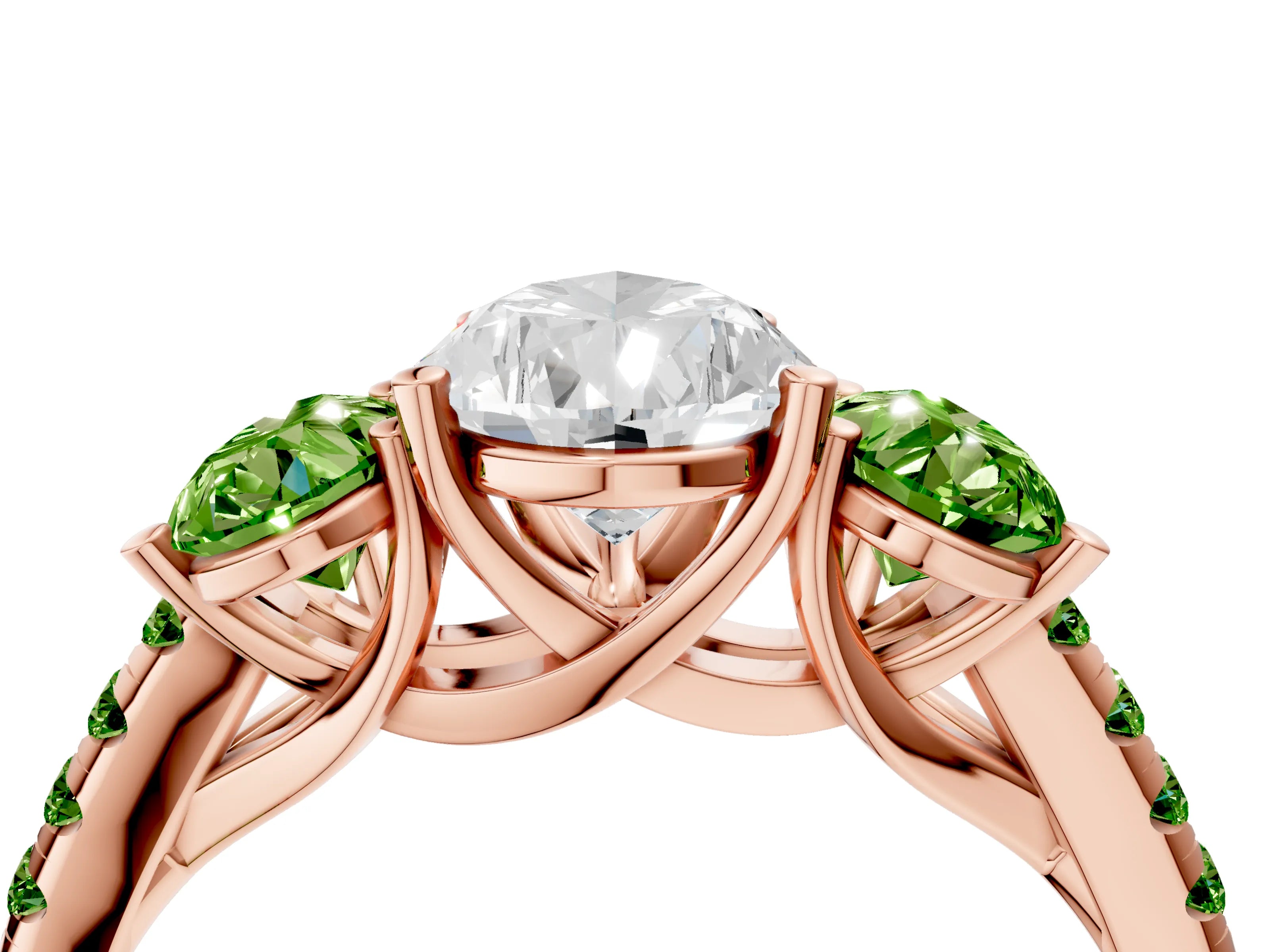 Rose gold Three-Stone Pear Cut Diamond Ring with Round with Peridot side stone Pavé Band and Prong Setting_4