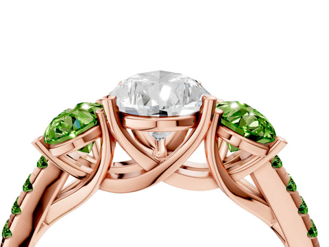 Rose gold Three-Stone Pear Cut Diamond Ring with Round with Peridot side stone Pavé Band and Prong Setting_4