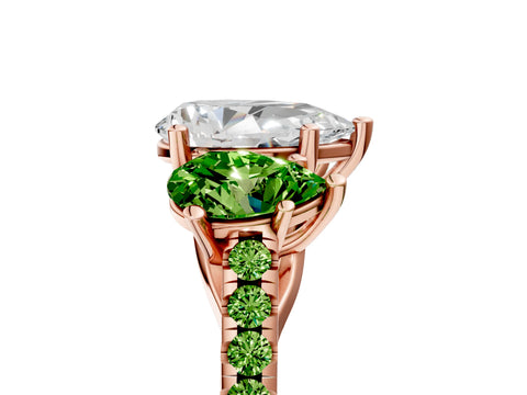 Rose gold Three-Stone Pear Cut Diamond Ring with Round with Peridot side stone Pavé Band and Prong Setting_5