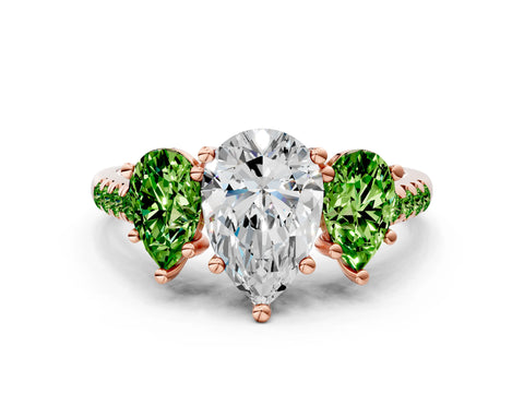 Rose gold Three-Stone Pear Cut Diamond Ring with Round with Peridot side stone Pavé Band and Prong Setting