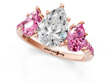 Rose gold Three-Stone Pear Cut Diamond Ring with Round with Pink Sapphire side stone Pavé Band and Prong Setting_1