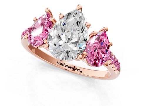 Rose gold Three-Stone Pear Cut Diamond Ring with Round with Pink Sapphire side stone Pavé Band and Prong Setting_1