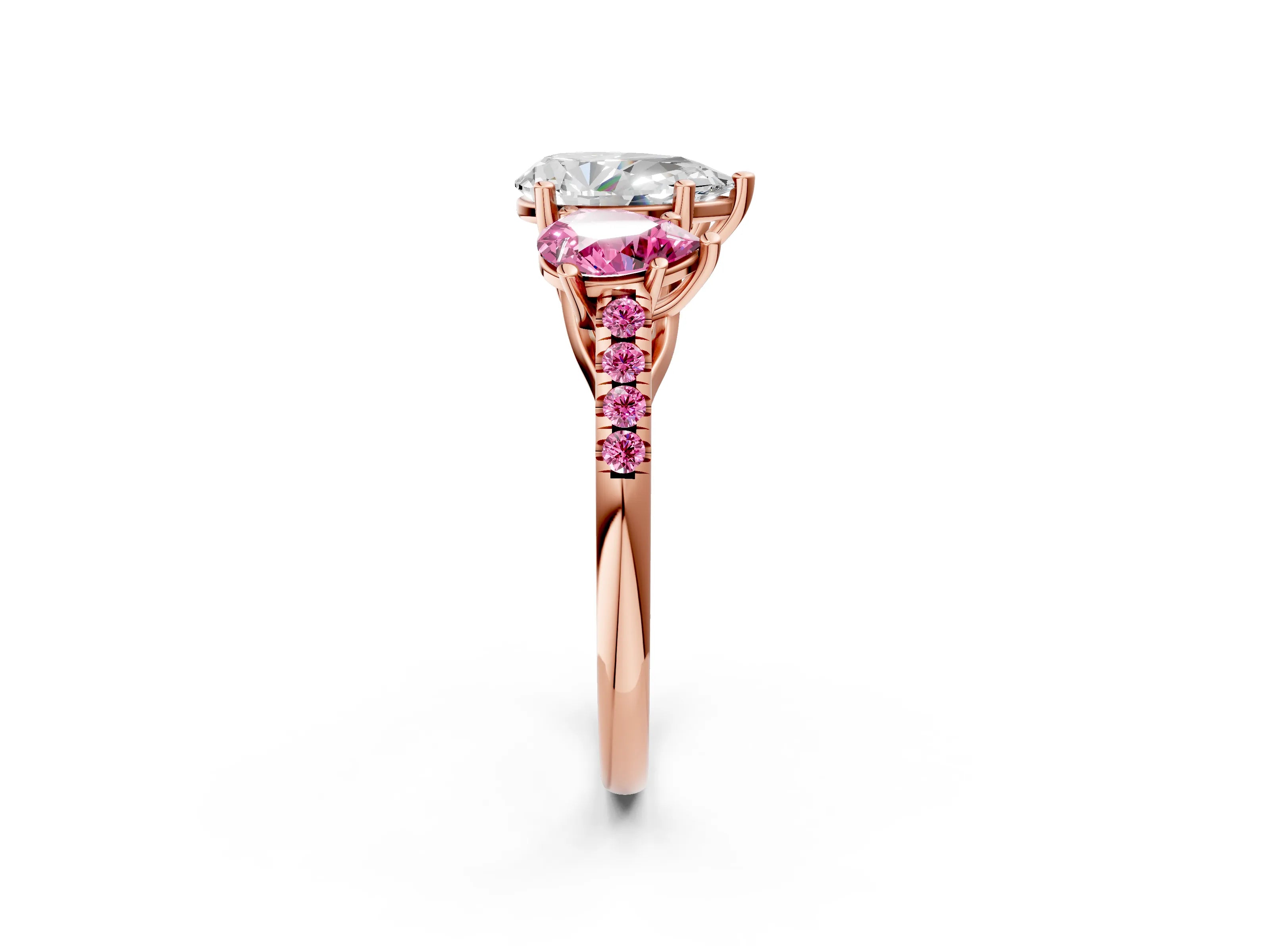 Rose gold Three-Stone Pear Cut Diamond Ring with Round with Pink Sapphire side stone Pavé Band and Prong Setting_2